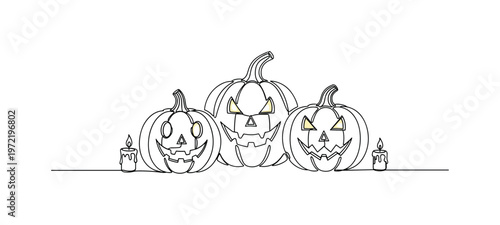 "Halloween Pumpkin Scene". Minimalistic one-line drawing carved pumpkins with glowing faces and small candles placed around them, continuous single black line