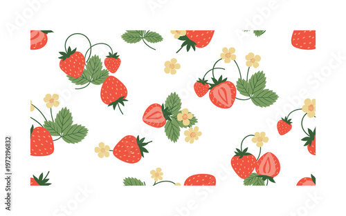 strawberries and garden blossoms, seamless pattern, repeating pattern, surface design, textile print, sweet strawberries paired with small garden flowers buds