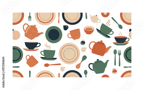 Decorative tableware set, seamless pattern, repeating pattern, surface design, textile print, playful layout of plates, cups, teapots, spoons and small