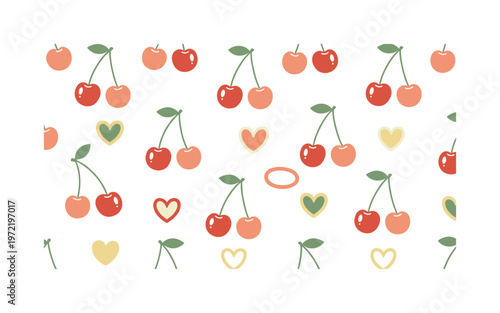 cherries and love symbols, seamless pattern, repeating pattern, surface design, textile print, bright cherries paired with simple heart icons and curved stems