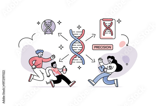 Precision medicine. A central DNA strand connects to a personalized treatment icon, with arrows linking genetic data to a tailored solution. A small