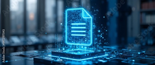 Digital document icon glowing with blue light, representing data management and secure information storage in a modern technological environment.
