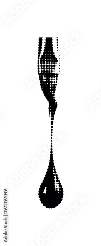 A single ink droplet captured mid-drip from a brush tip, elongated and about to fall, macro perspective, symbolic of creation and release, black and white