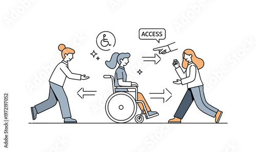 Accessible support scene. One central wheelchair user moves forward confidently, with minimal guiding hands and arrows suggesting assistance and independence.