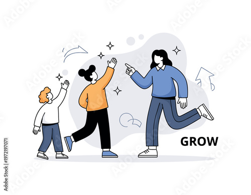 Empowerment moments. A mentee reaches upward as the mentor points or gestures, with subtle sparkles indicating achievement and confidence. A ?GROW? caption