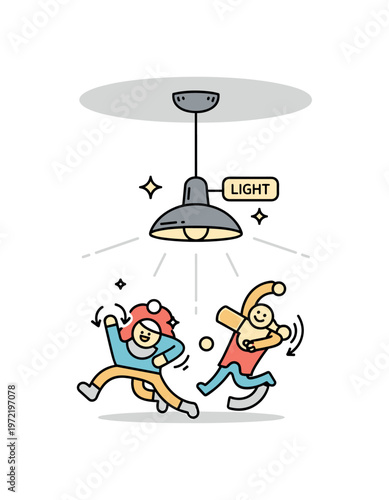 Ceiling light fixture. A central pendant light hangs from the ceiling, glowing softly with subtle rays illuminating the space below. A small ?LIGHT? label and