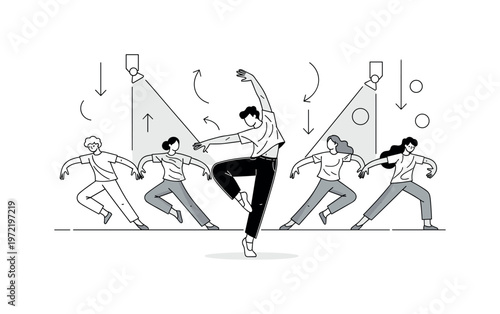 Stage choreography scene. One central dancer is highlighted mid-movement, with flowing lines and repeated poses suggesting synchronized choreography. Minimal