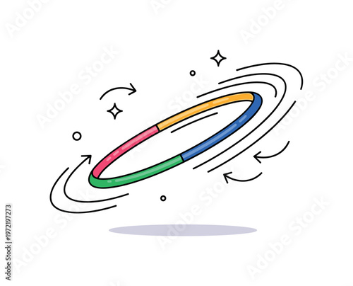 Hula hoop ring. A single colorful hula hoop is the main focus, shown mid-spin with smooth circular motion lines around it. Small sparkles and curved arrows