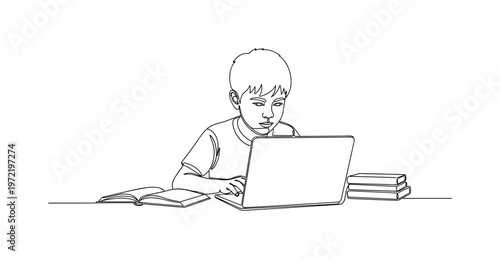 "Remote Study Scene". Minimalistic one-line drawing a kid focused on a laptop with simple study elements like books nearby, continuous single black line on