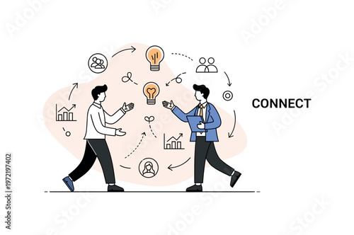 Networking and collaboration. A professional exchanges ideas with colleagues or clients, connected by subtle arrows and icons representing teamwork and