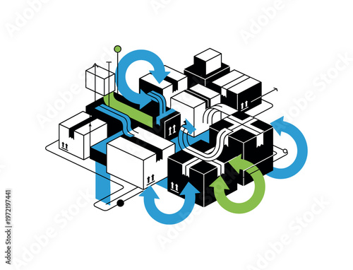 retro packaging scene with recyclable materials flowing through a system, black and white boxes with bold white contour, materials transforming into abstract