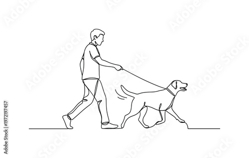 "Outdoor routine". Minimalistic one-line drawing person and dog walking together in calm synchronized movement with minimal detail, continuous single black