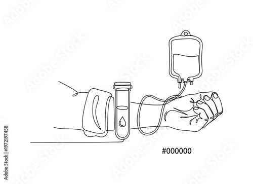 "Blood Donation Awareness". Minimalistic one-line drawing a close-up of an arm with a donation tube and blood bag symbol, continuous single black line on white