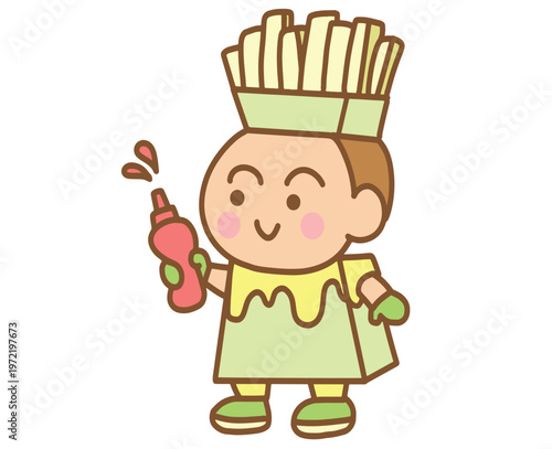 Cute Little French Fries Boy with Ketchup Bottle
