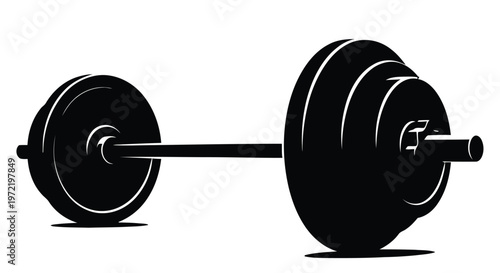 A black barbell lies horizontally on a white background representing weightlifting and fitness