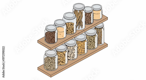 Isometric Illustration of Glass Jars with Grains and Pasta on Wooden Shelves for Kitchen Pantry Organization and Zero Waste Lifestyle