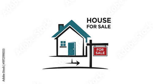 Illustration of a house for sale with a sign, representing real estate, property, and the buying and selling of homes