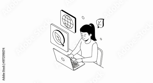 Isometric Line Art Illustration of Woman Using Laptop for Green Technology, Sustainable Business, and Global Environmental Awareness