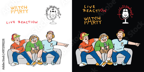 Hand-drawn illustration of young influencers recording a live reaction video for a soccer match. Perfect for blogs and articles regarding the creator, fan engagement, and streaming culture.