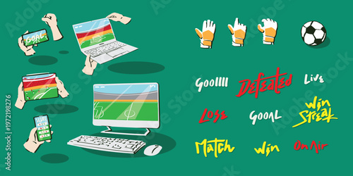 Soccer fan interaction kit with various screens displaying football matches, goalie gloves, and decorative goal and win text for marketing digital sports betting platforms.
