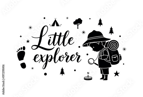 Little explorer. lettering and all elements in black. Vector style. AWhite background. Pure white background. Perfect isolation and visual consistency.