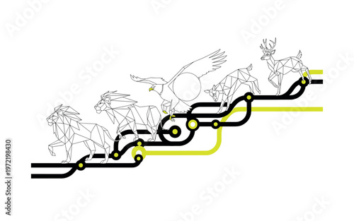 A surreal composition of vehicles transforming into leaves and geometric shapes, black-and-white elements with neon green accents, circular patterns and