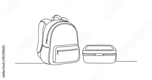 "School Day Preparation". Minimalistic one-line drawing a backpack and lunchbox positioned neatly with simple contours indicating readiness for school,