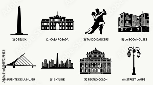 Vector Buenos Aires Landmark Icon Set – Obelisco, Casa Rosada, Tango Dancers, La Boca Houses, Puente de la Mujer, Skyline, Teatro Colón, and Street Lamps