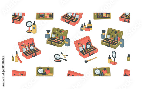 Makeup artist workspace, seamless pattern, repeating pattern, surface design, textile print, charming composition of open kits, tools, mirrors, lights and