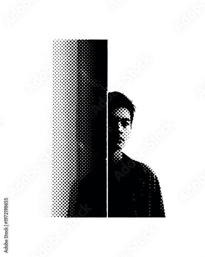 A human silhouette wearing a classic trench coat, standing in a slight rain-soaked shadow, slightly tilted and partially cropped, evoking film noir tension,