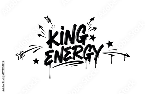King Energy. lettering and all elements in black. Vector style. AWhite background. Pure white background. Perfect isolation and visual consistency. Dynamic