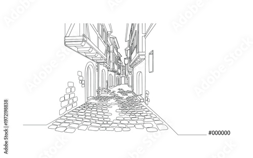 "Medieval street". Minimalistic one-line drawing European alley with cobblestone texture suggested by simple line patterns and soft perspective, continuous