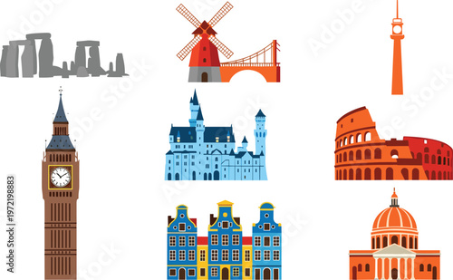 Famous Landmark Collection Featuring Iconic World Monuments and Architecture for Travel and Tourism Illustrations