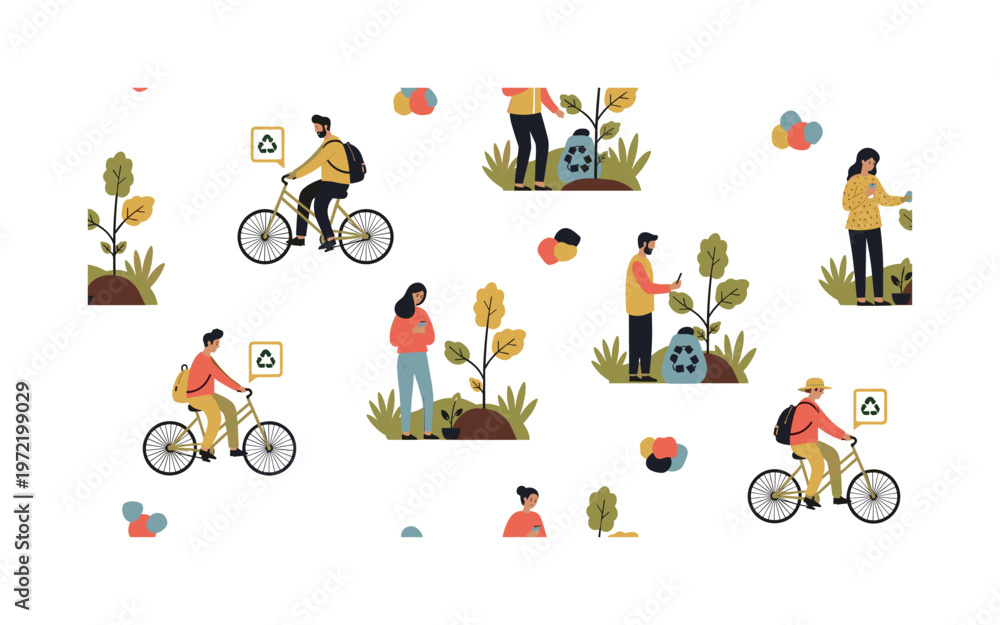 Fototapeta premium Eco lifestyle monitoring scene, seamless pattern, repeating pattern, surface design, textile print, charming composition of users checking apps, biking,