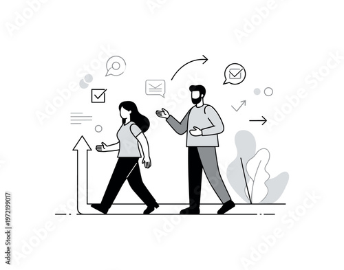 Guidance and mentorship. One main character walks upward along a simple path, with a mentor figure slightly behind offering support through a light gesture.