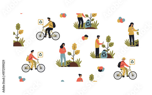 Eco lifestyle monitoring scene, seamless pattern, repeating pattern, surface design, textile print, charming composition of users checking apps, biking,