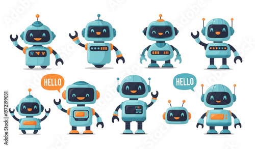 Cute cartoon robots waving hello vector set with smiling cyborg characters isolated