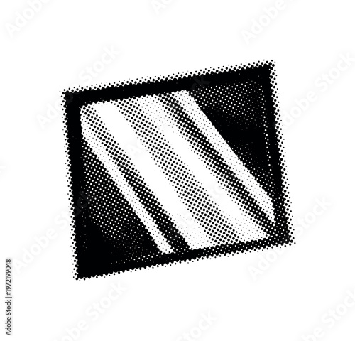 A single window pane fragment with light streak reflections, angled composition, suggesting urban noir mood without showing a scene, black and white halftone
