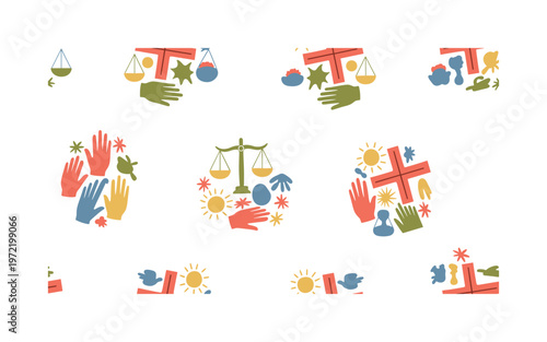 Moral choices and balance, seamless pattern, repeating pattern, surface design, textile print, charming composition of crossroads, scales, hands, light and