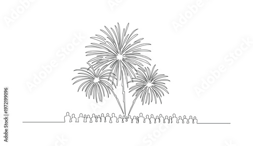 "Fireworks Celebration Night". Minimalistic one-line drawing exploding fireworks radiating outward in the sky with small crowd silhouettes below, continuous