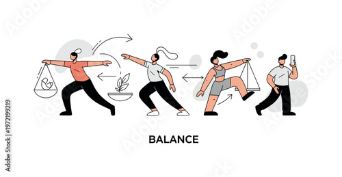 Mind-body connection. A figure performs a fluid series of poses, with soft arrows linking movements and emphasizing balance. A ?BALANCE? label reinforces