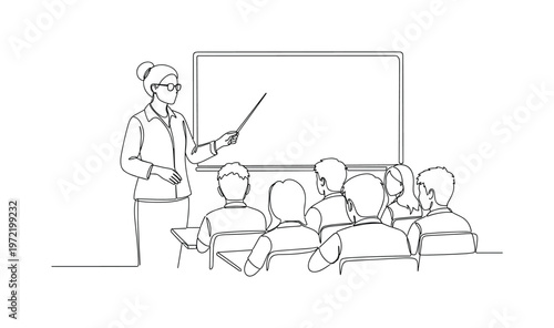 "Educational Explanation Scene". Minimalistic one-line drawing a teacher at a board with students facing forward in a structured classroom composition,