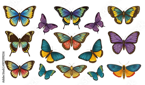 Colorful tropical butterflies and moths illustration set with exotic flying insects