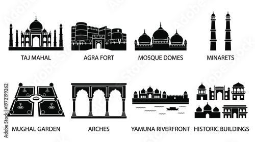 Vector Mughal Architecture Icon Set – Taj Mahal, Agra Fort, Mosque Domes, Minarets, Mughal Garden, Arches, Yamuna Riverfront, and Historic Buildings for Heritage Design Themes