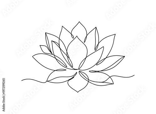 "Sacred bloom". Minimalistic one-line drawing lotus with elegant petal symmetry and soft continuous contour conveying serenity, continuous single black line on
