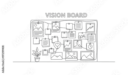 "Vision Board Planning". Minimalistic one-line drawing a board with pinned notes, images, and goal elements arranged in a structured layout, continuous single