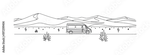 "Adventure on wheels". Minimalistic one-line drawing van traveling through open desert with subtle sand dunes and sparse vegetation, continuous single black
