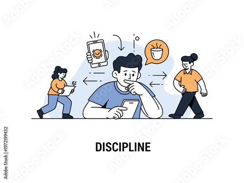 Resisting distractions. A central character ignores a phone or tempting icon while focusing on a task, with subtle arrows showing concentration. A ?DISCIPLINE?