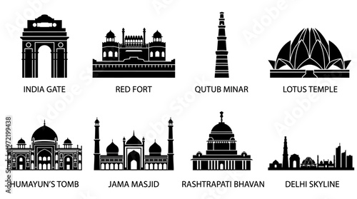 Vector Delhi Landmark Icon Set – India Gate, Red Fort, Qutub Minar, Lotus Temple, Humayun’s Tomb, Rashtrapati Bhavan Dome, and Skyline for Heritage Design Themes