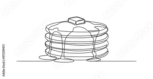 "Breakfast pancakes stack with syrup". Minimalistic one-line drawing stack of pancakes with syrup dripping down the sides and a small pat of butter on top,